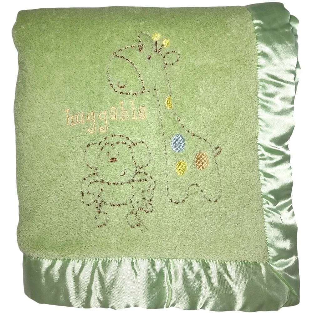 Gerber Green Huggable Giraffe Monkey Baby Blanket Satin Trim Soft Plush